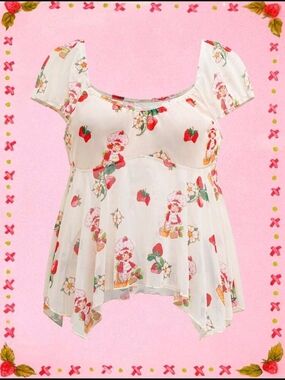 Strawberry Shortcake Print Peplum Top - White